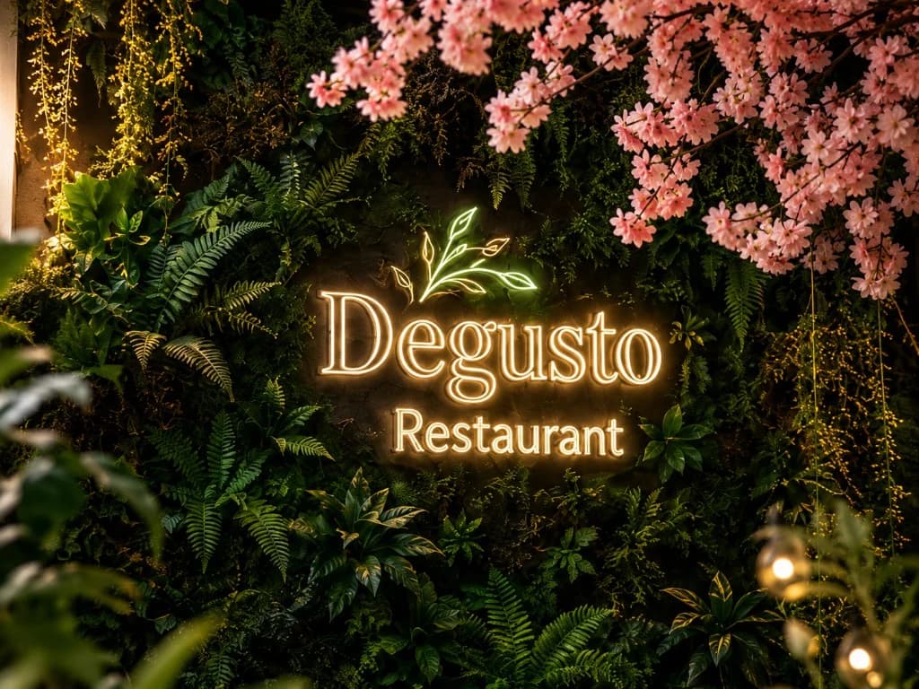 Degusto Restaurant՝ նեոնային ցուցանակ կանաչ պատի վրա
